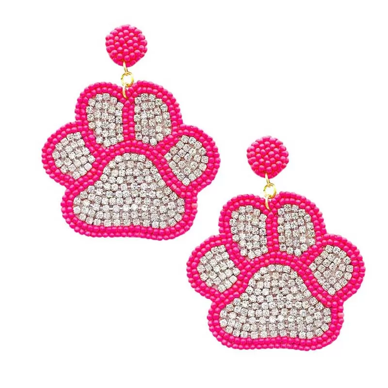 Felt Back Seed Beaded Trimmed Bling Paw Dangle Earrings