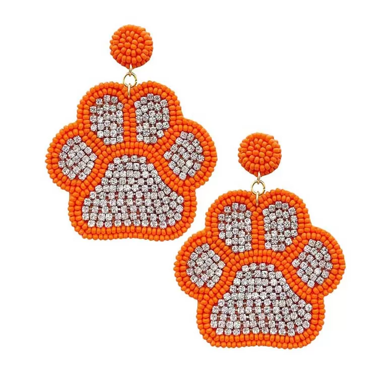 Felt Back Seed Beaded Trimmed Bling Paw Dangle Earrings