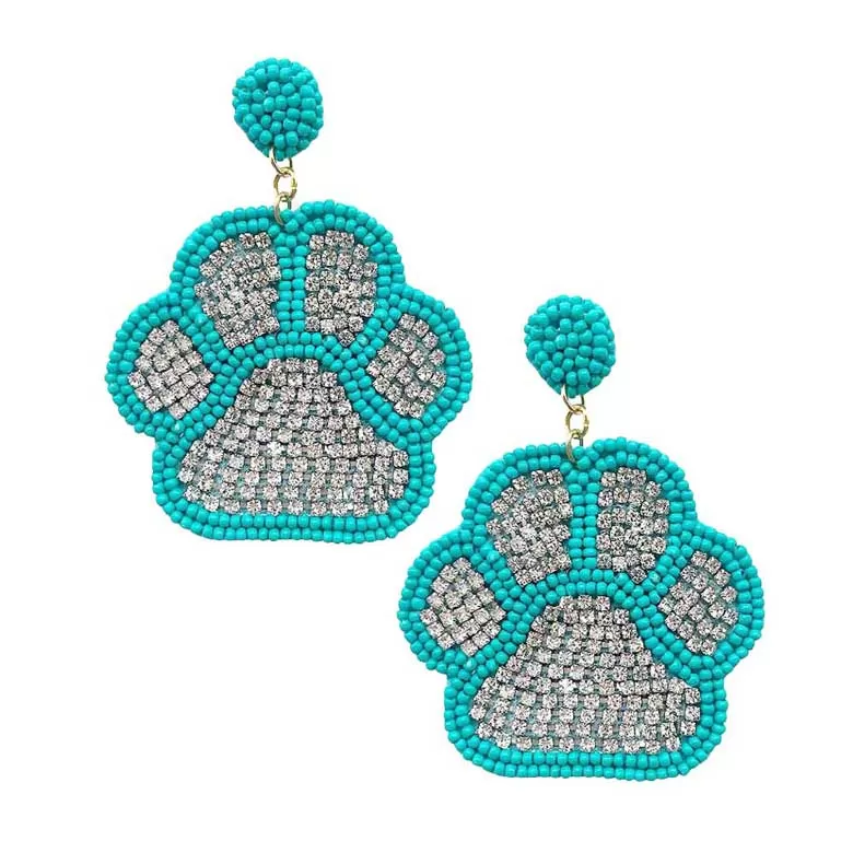 Felt Back Seed Beaded Trimmed Bling Paw Dangle Earrings