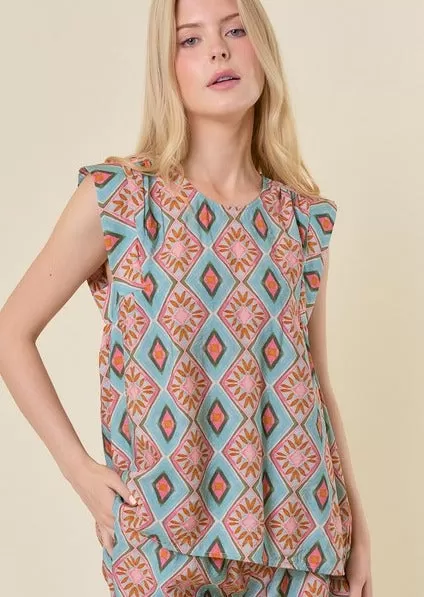 FINAL SALE - Turquoise Printed Top