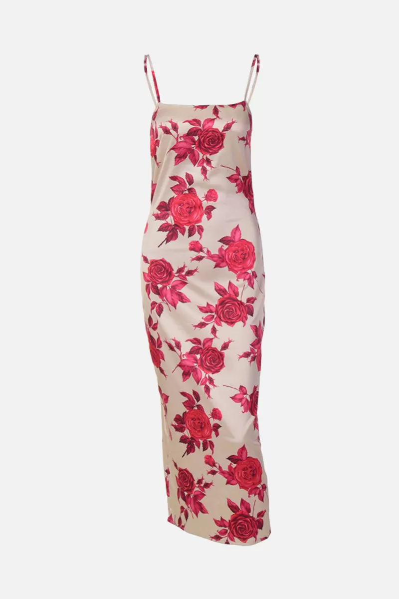 Floral Print Satin Cami Maxi Bodycon Dress