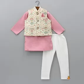 Floral Printed Thread Work Jacket With Rusty Red Kurta And Pyjama