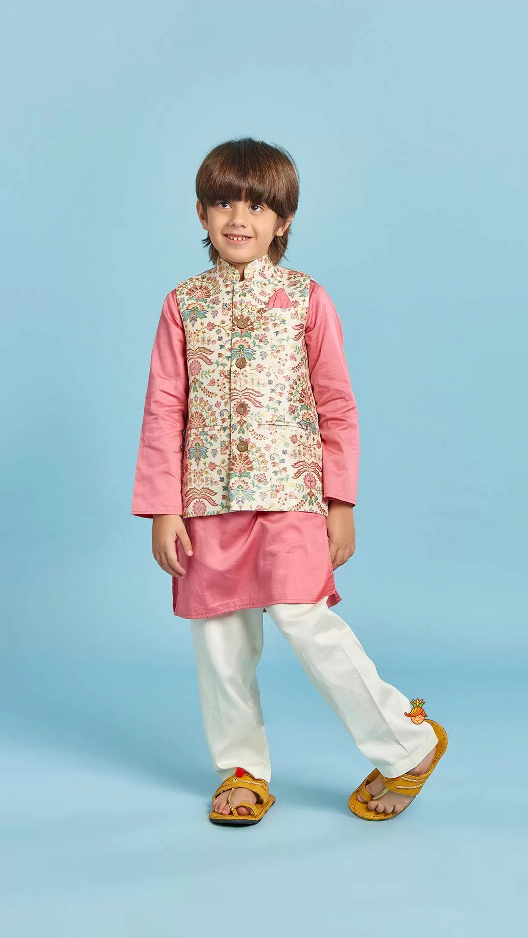 Floral Printed Thread Work Jacket With Rusty Red Kurta And Pyjama