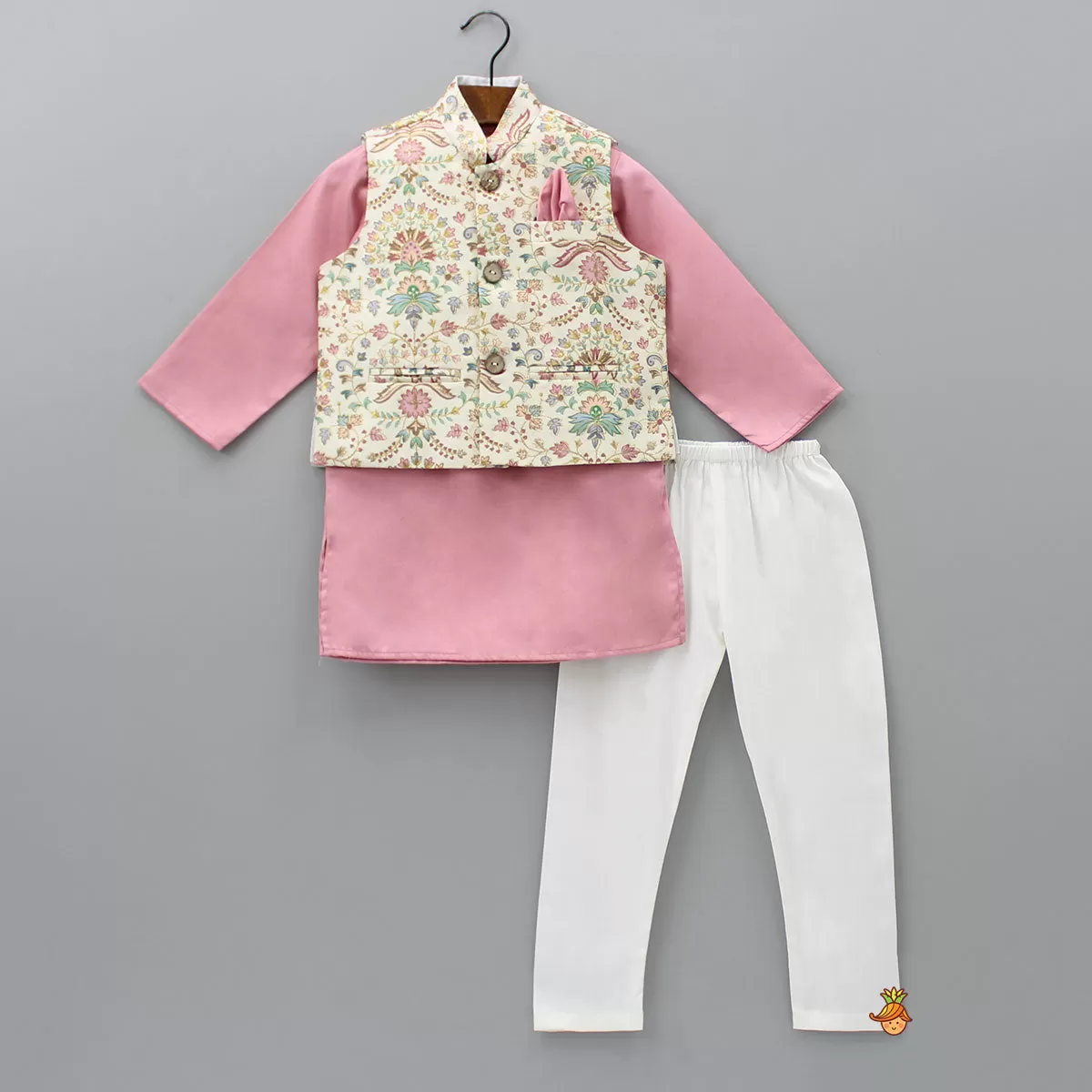 Floral Printed Thread Work Jacket With Rusty Red Kurta And Pyjama