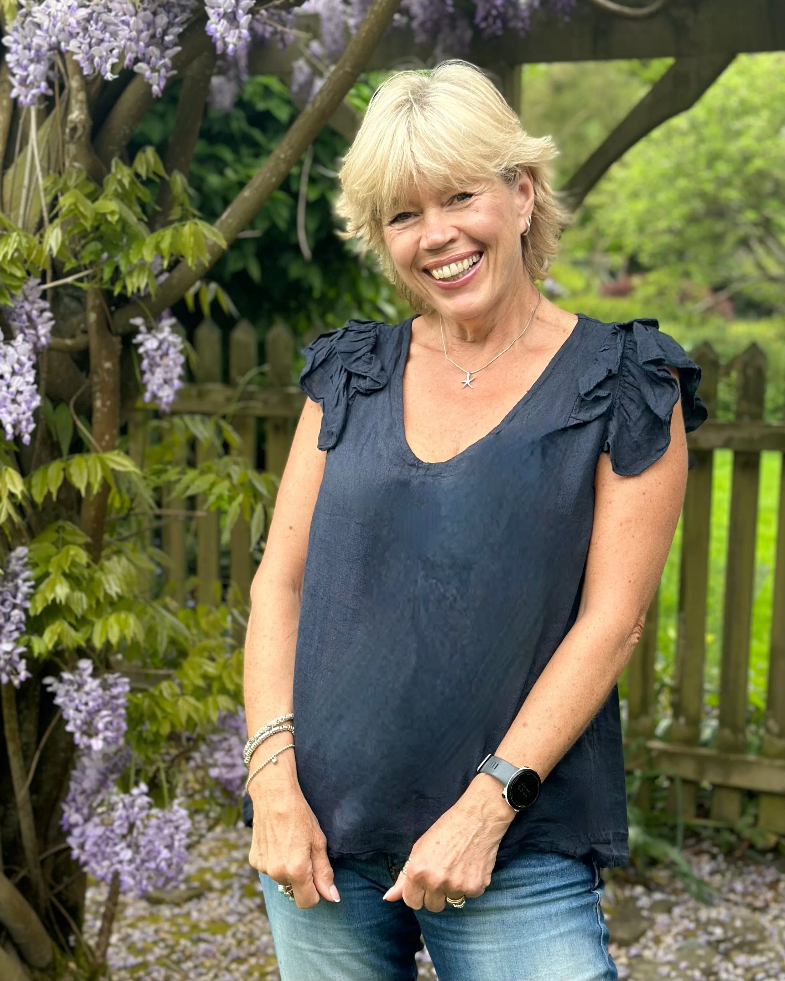 Frilled Sleeve Linen Top - Navy