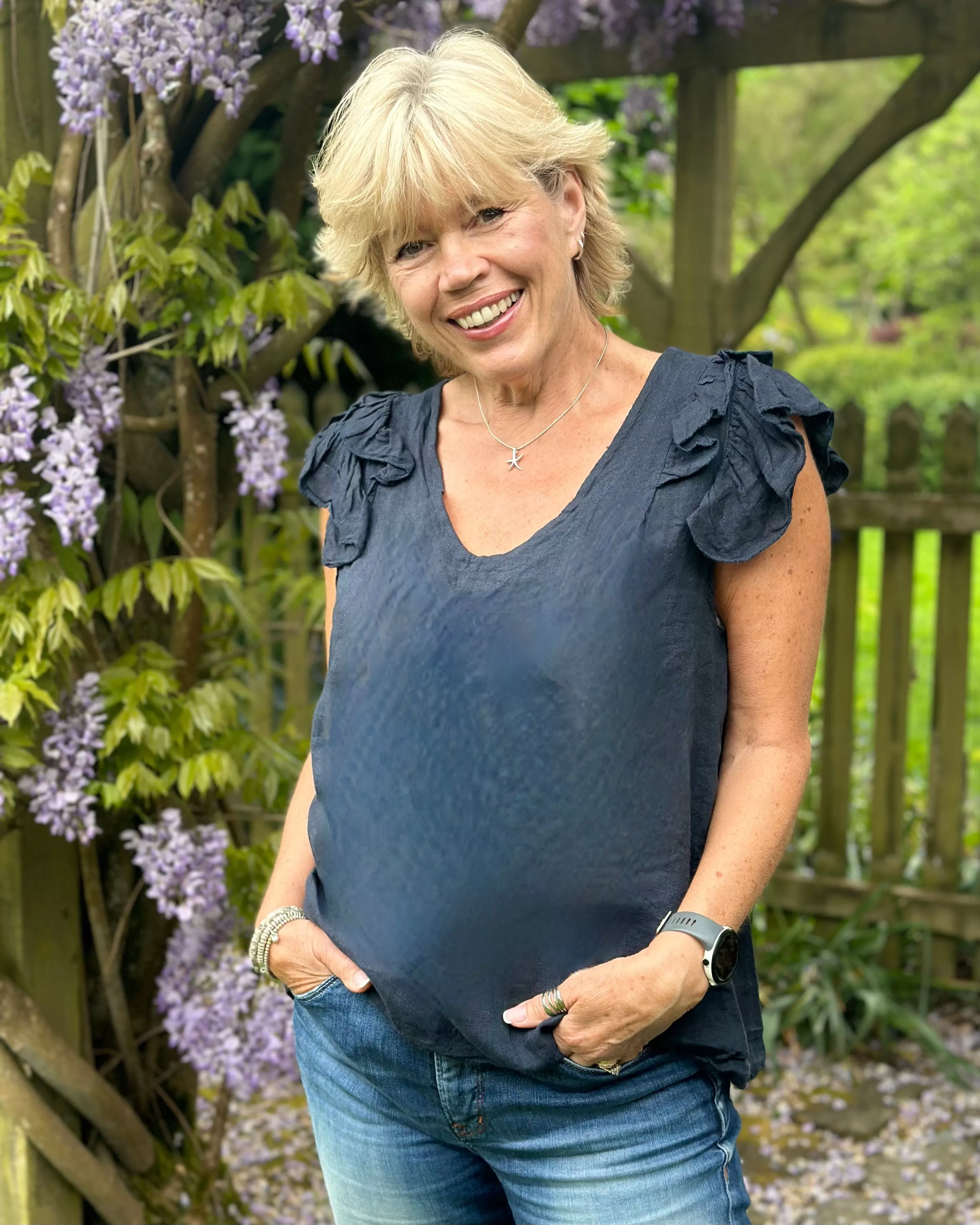 Frilled Sleeve Linen Top - Navy