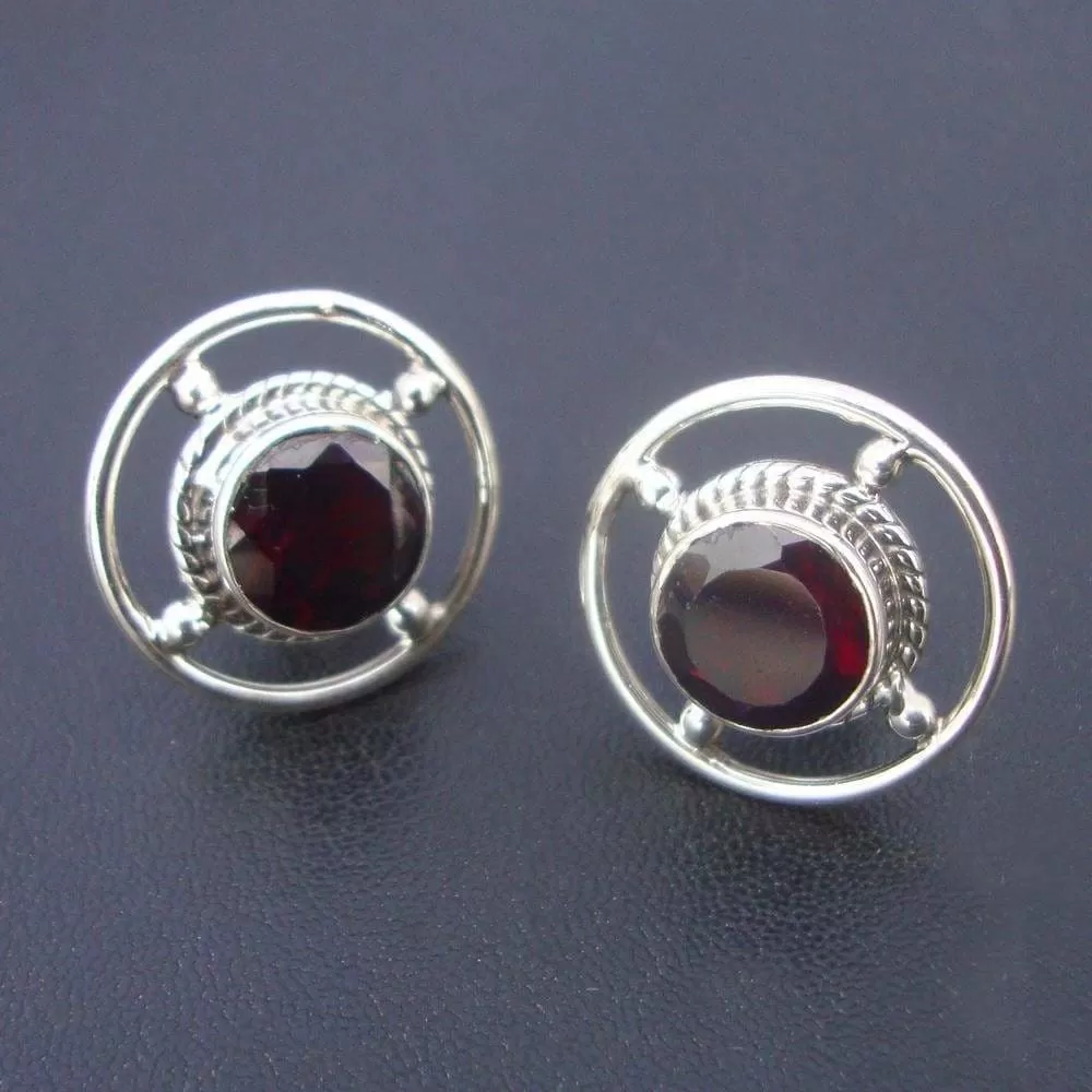 Garnet earring, handmade earring, boho hippie earring, ethnic earring, 925 sterling silver earring, round stone earring, studs for gift