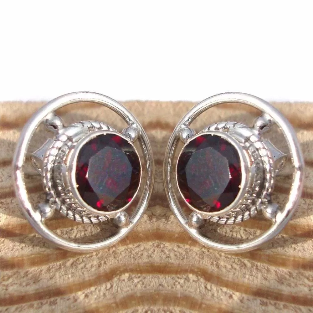 Garnet earring, handmade earring, boho hippie earring, ethnic earring, 925 sterling silver earring, round stone earring, studs for gift