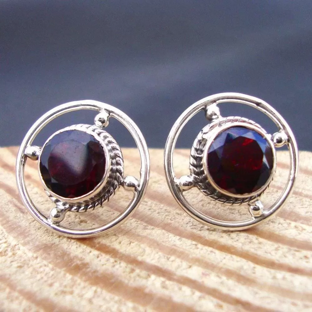 Garnet earring, handmade earring, boho hippie earring, ethnic earring, 925 sterling silver earring, round stone earring, studs for gift