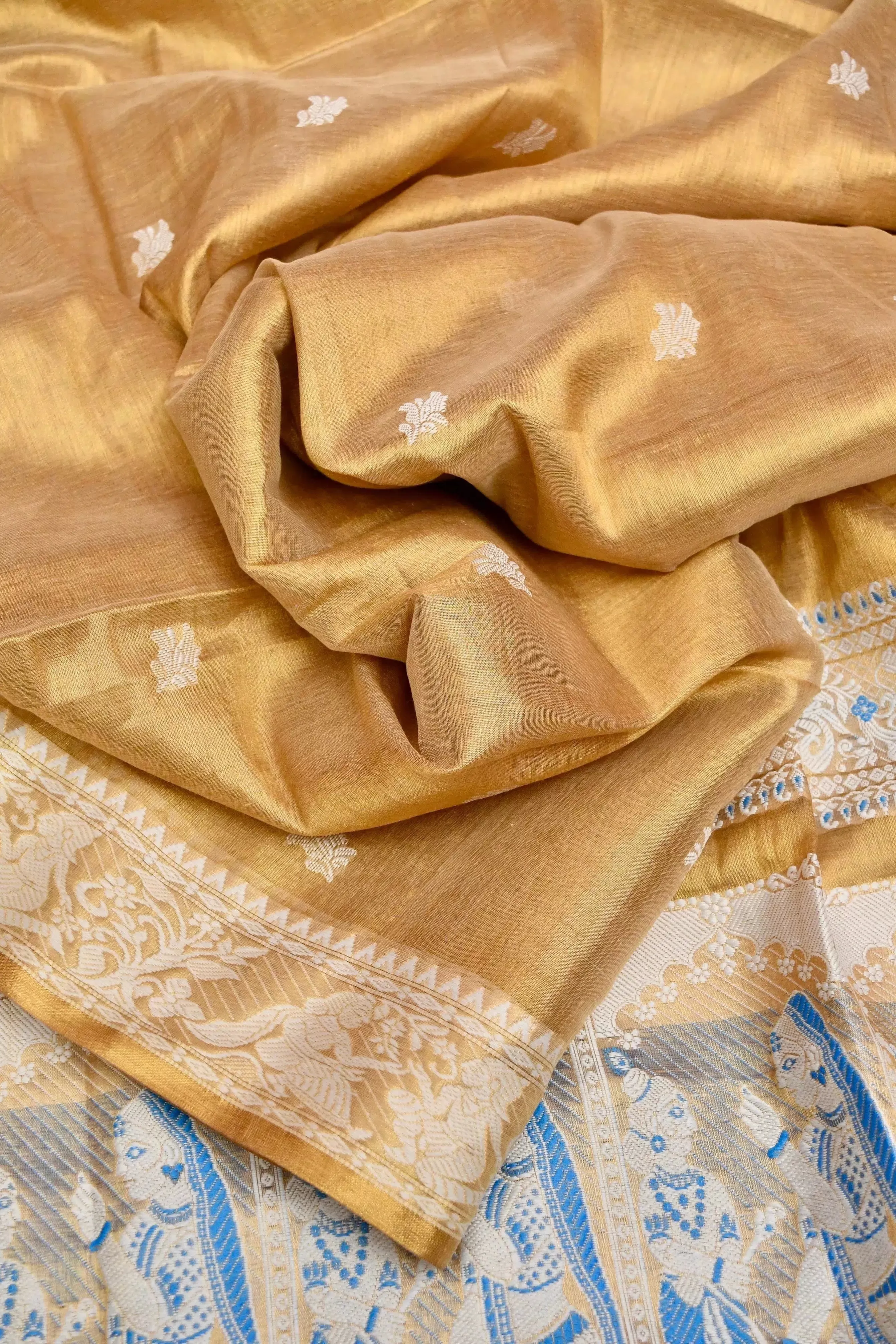 Golden Color Tissue Handloom with Baluchari Weaving with Allover Buti Work