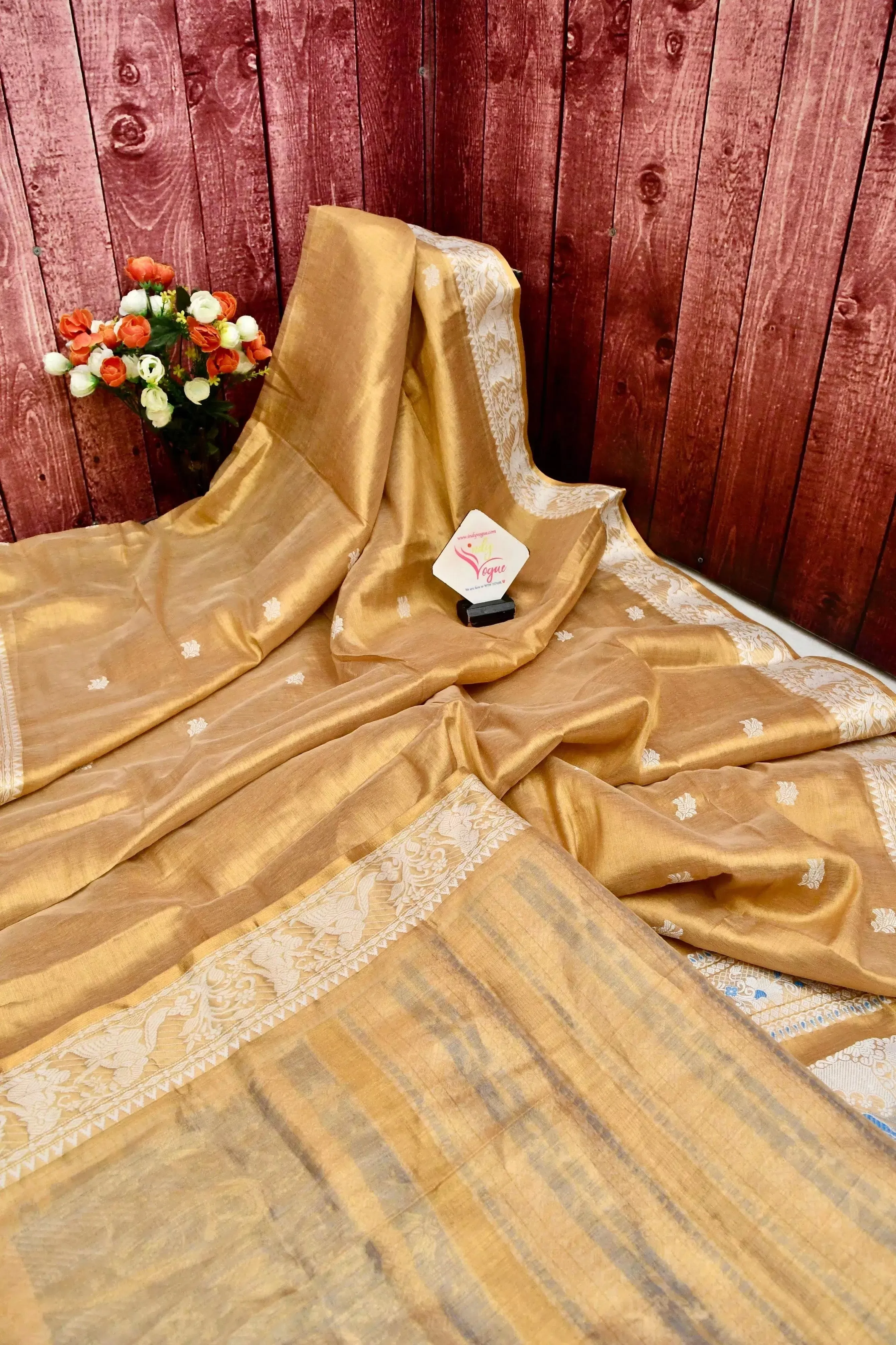 Golden Color Tissue Handloom with Baluchari Weaving with Allover Buti Work