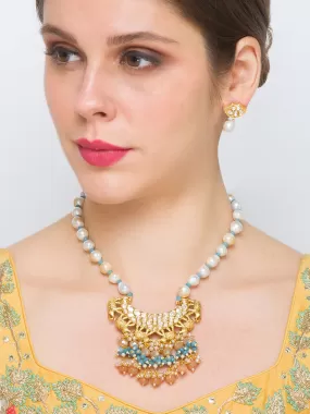 Golden, Pearly White, Blue, Kundan Polki, Necklace Set