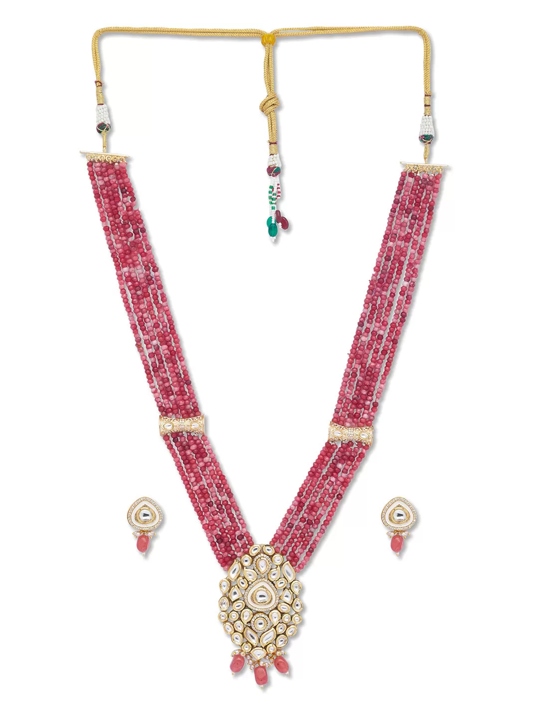 Golden, Tomato Red, Crème, Kundan Polki, Necklace Set