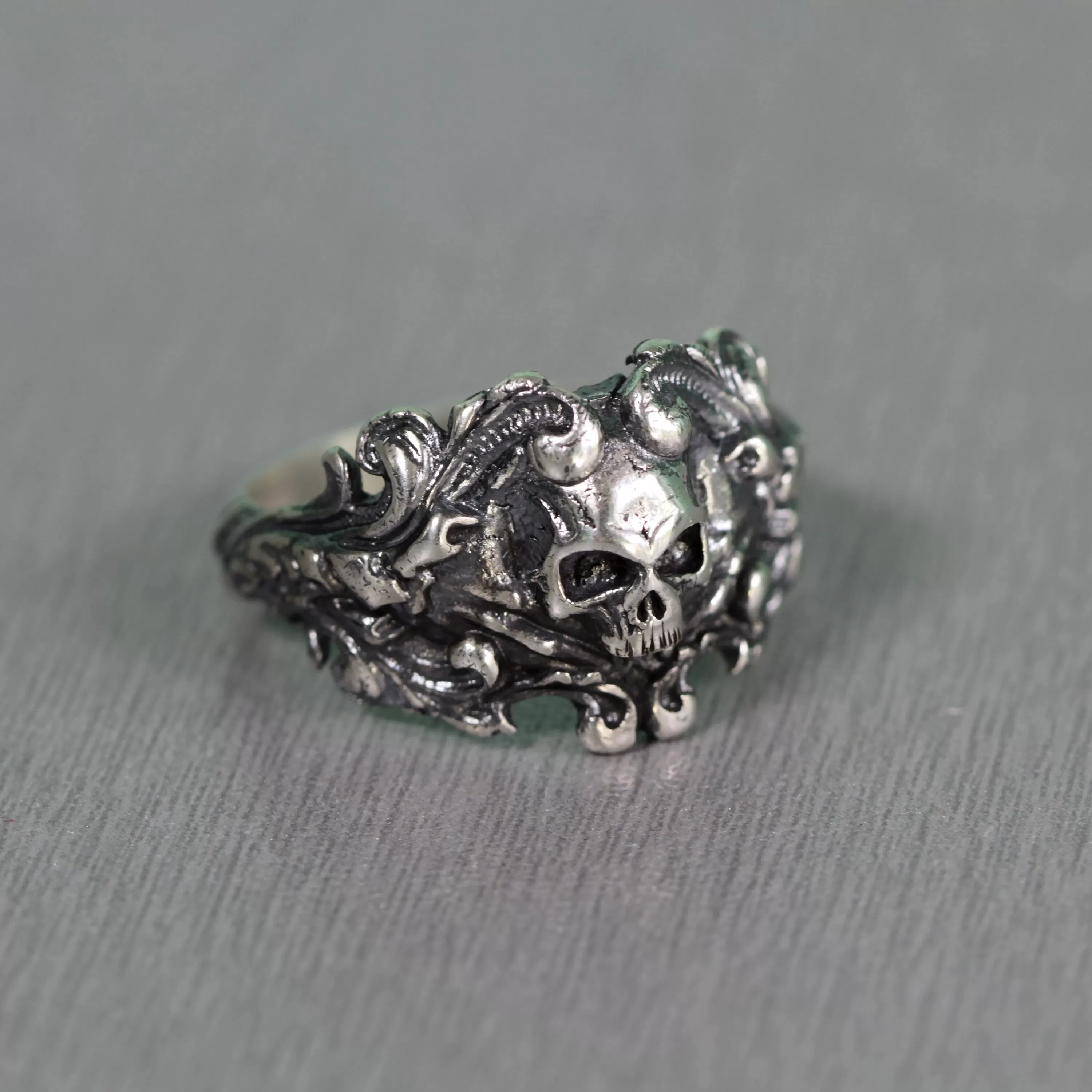 Gothic Santa Muerte Skull Mens Sterling Silver Ring