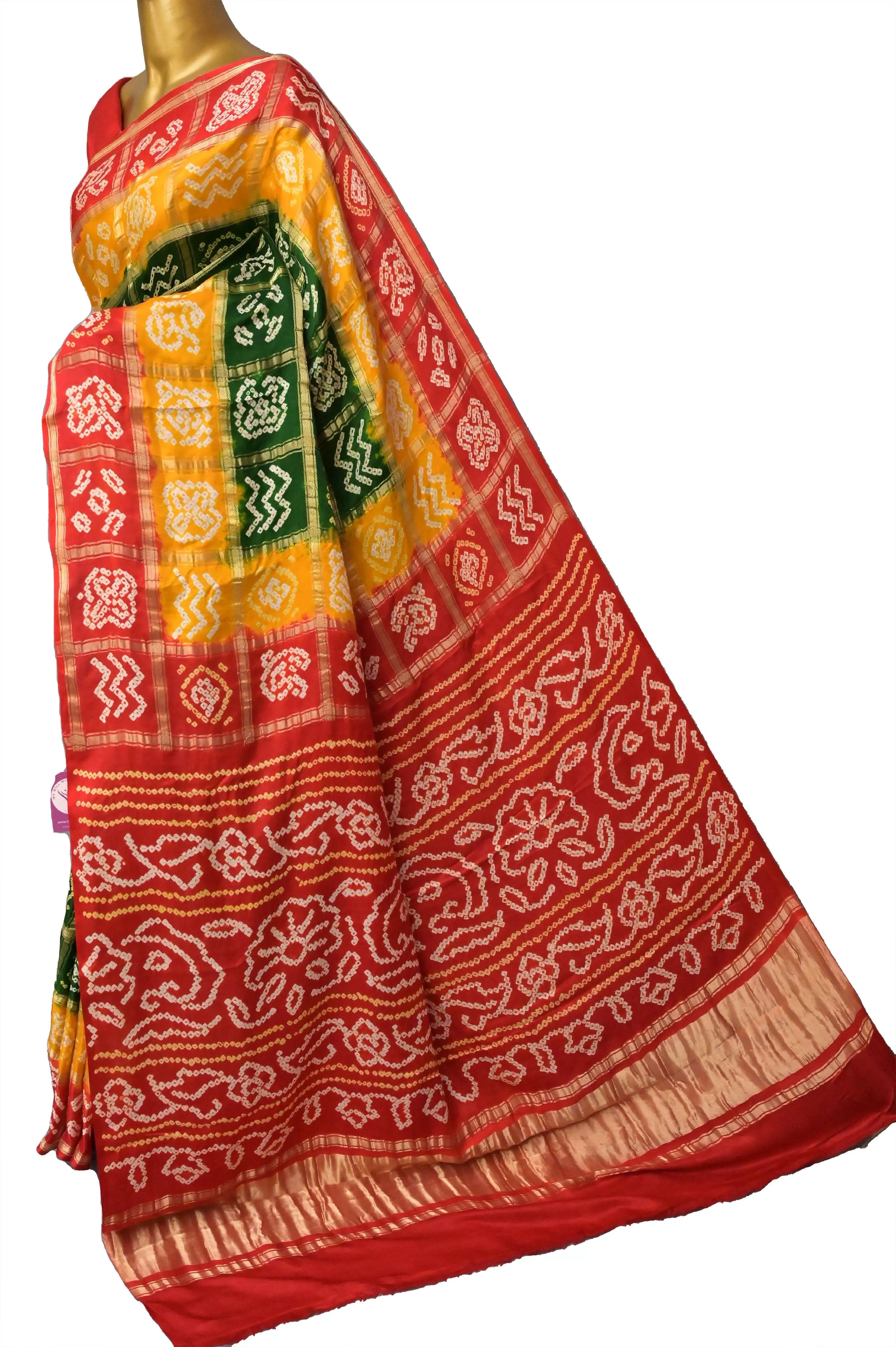 Green and Red Color Pure Ghazi Silk Gharchola Saree with Hand Bandhani Work