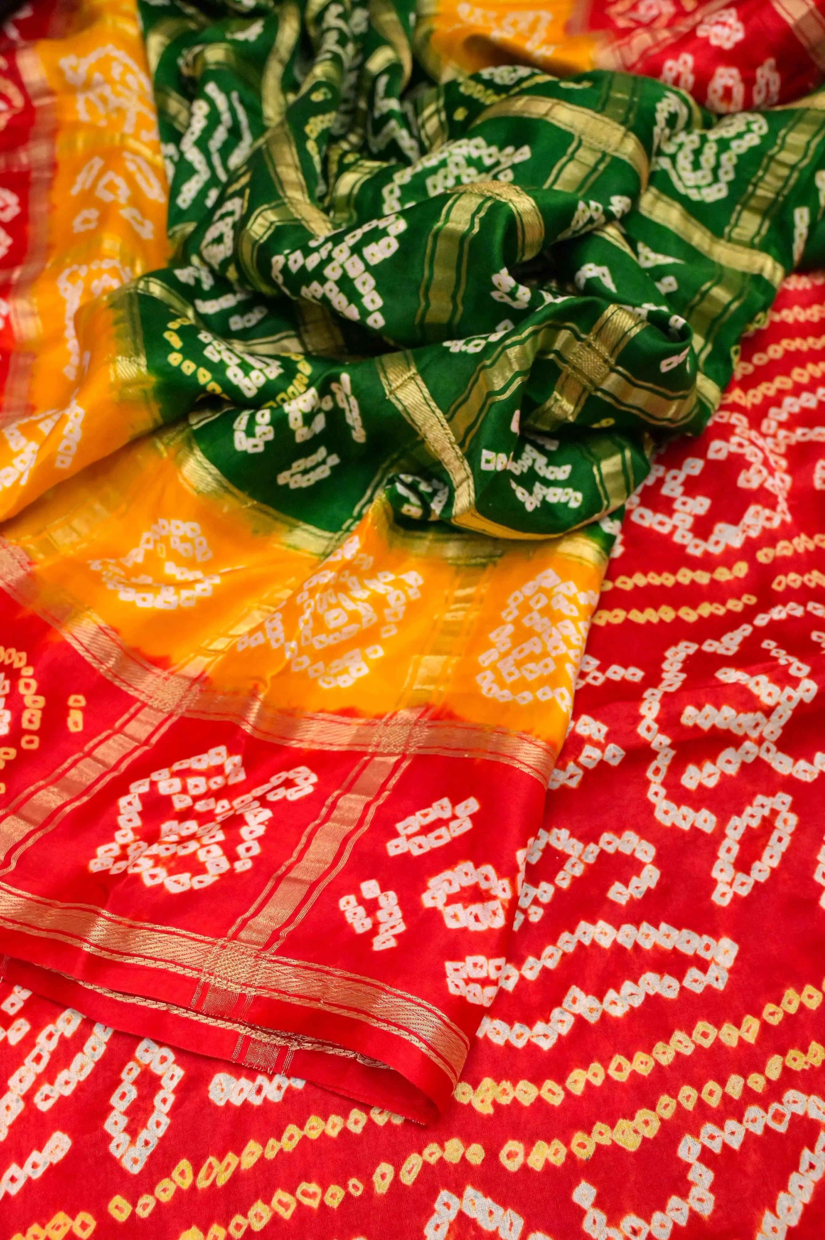 Green and Red Color Pure Ghazi Silk Gharchola Saree with Hand Bandhani Work