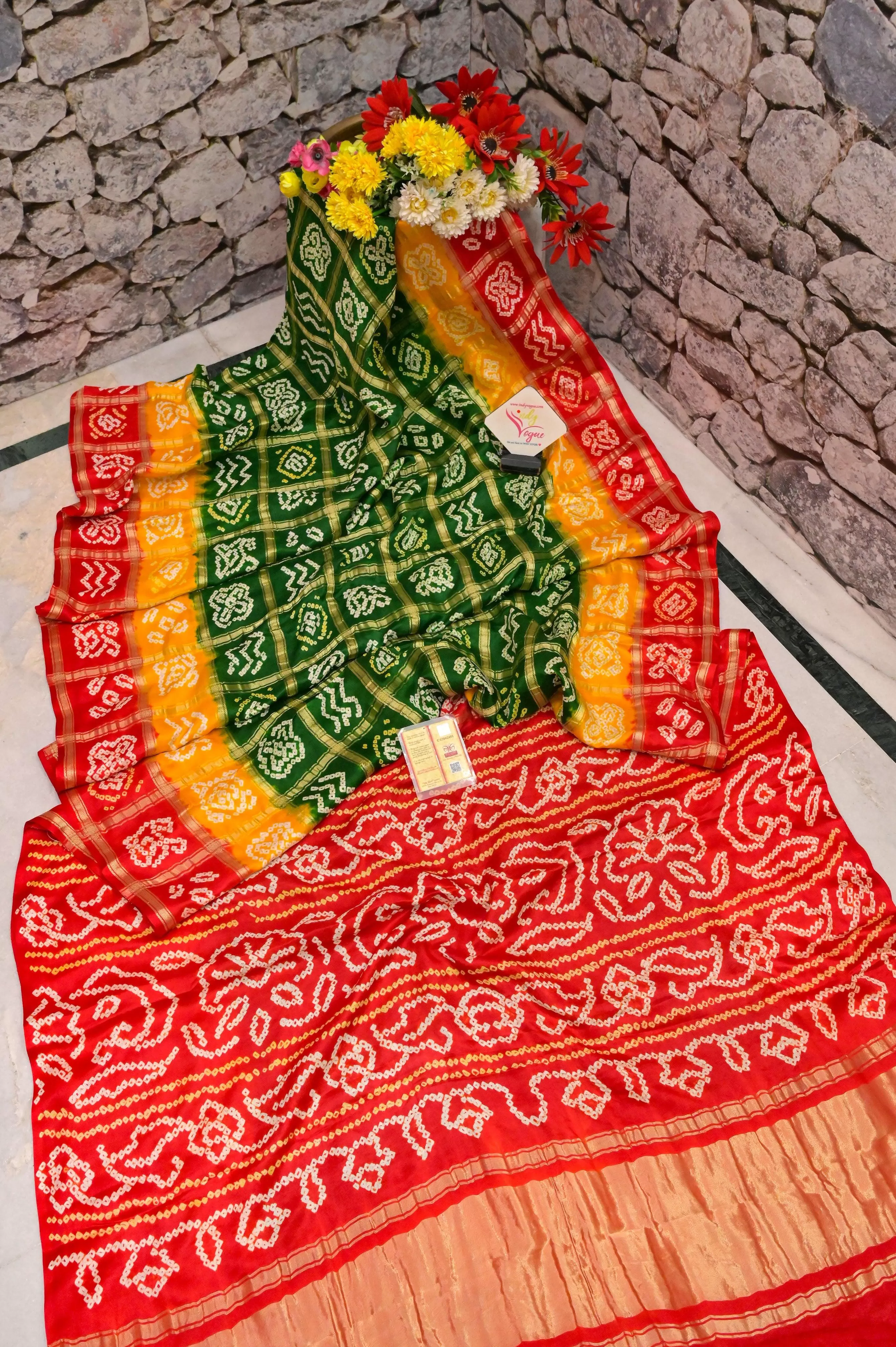 Green and Red Color Pure Ghazi Silk Gharchola Saree with Hand Bandhani Work