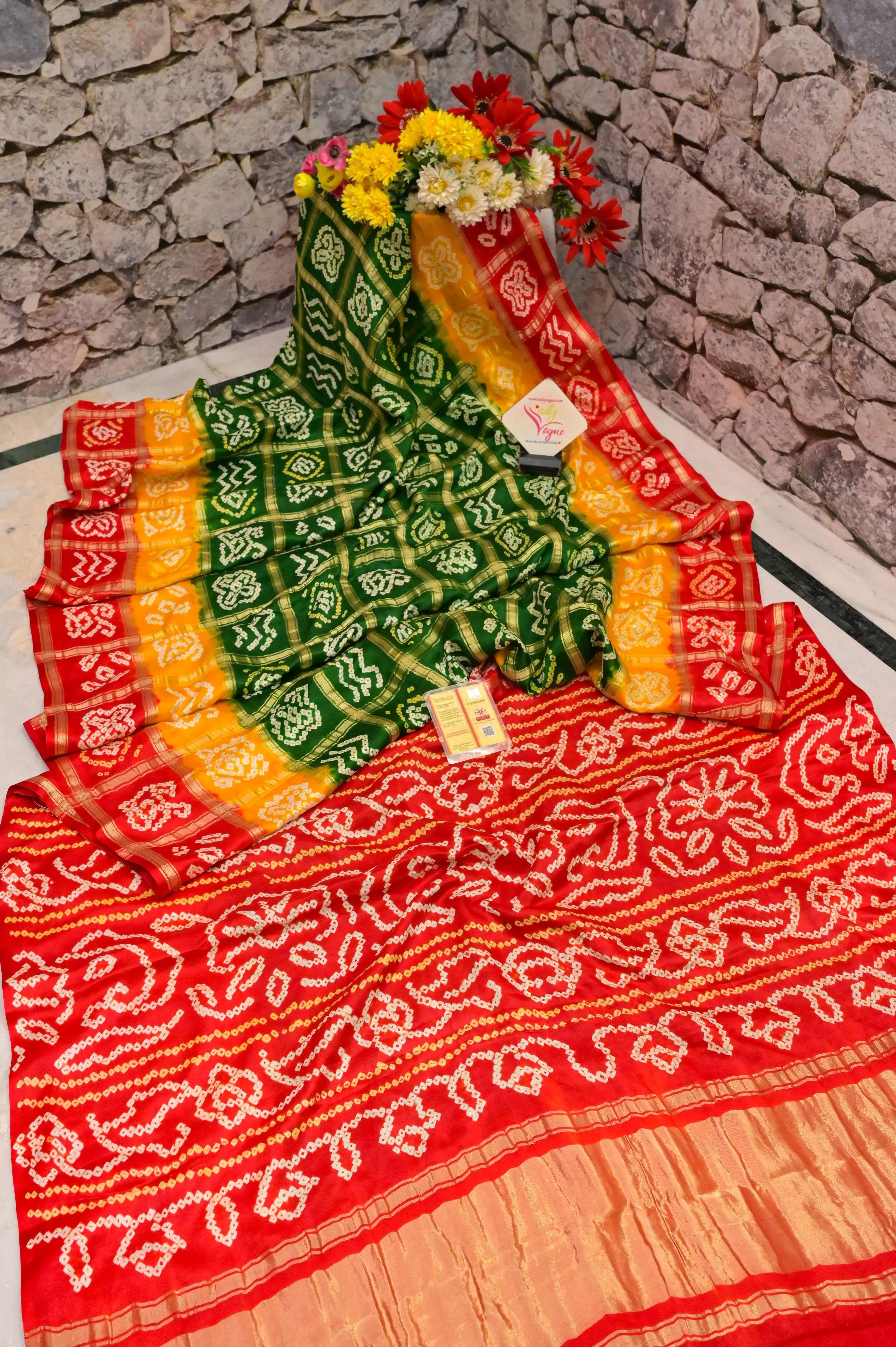 Green and Red Color Pure Ghazi Silk Gharchola Saree with Hand Bandhani Work