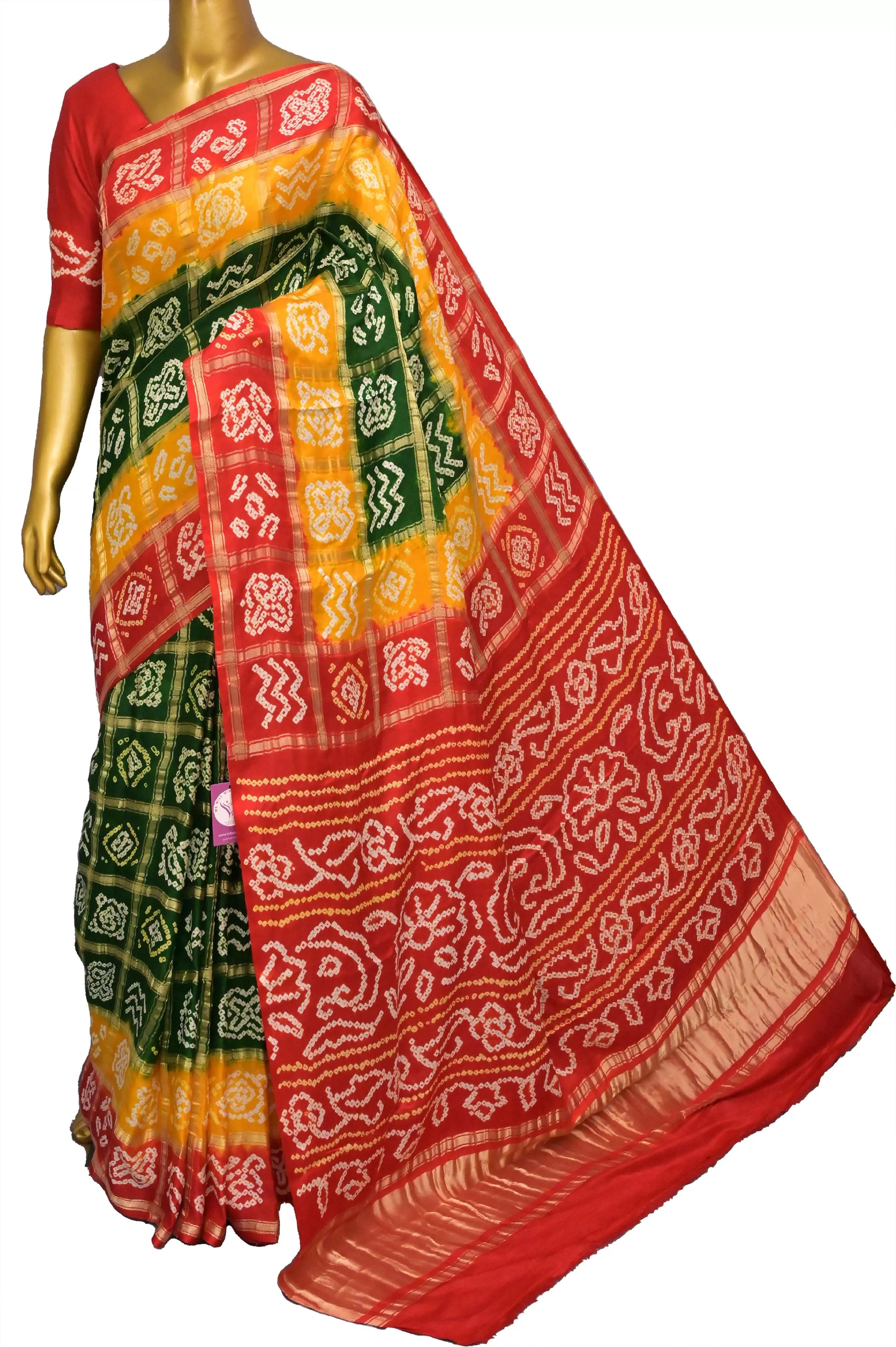 Green and Red Color Pure Ghazi Silk Gharchola Saree with Hand Bandhani Work