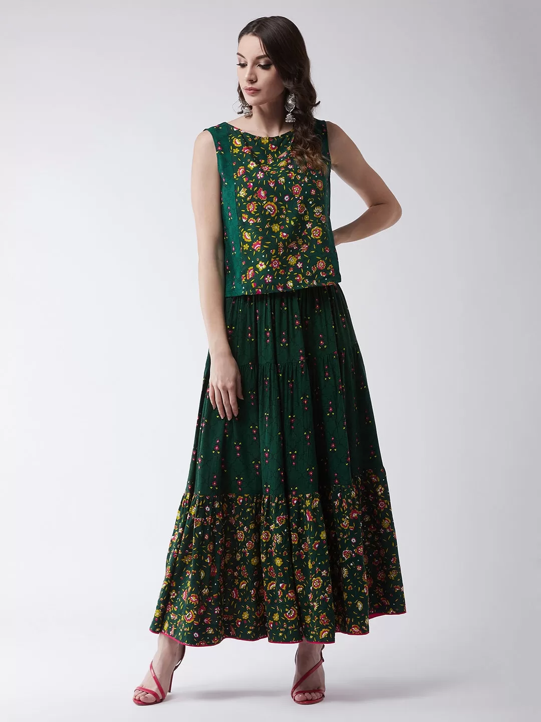 Green Mughal Printed Top  With Skirt And Embroidered Shrug