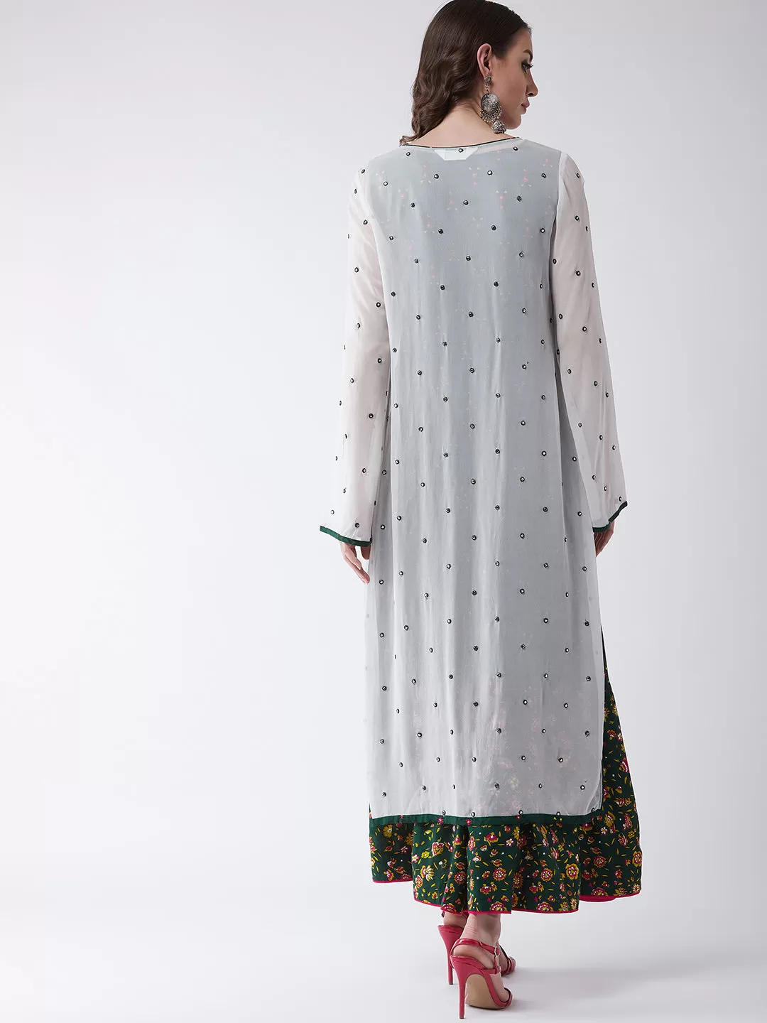 Green Mughal Printed Top  With Skirt And Embroidered Shrug