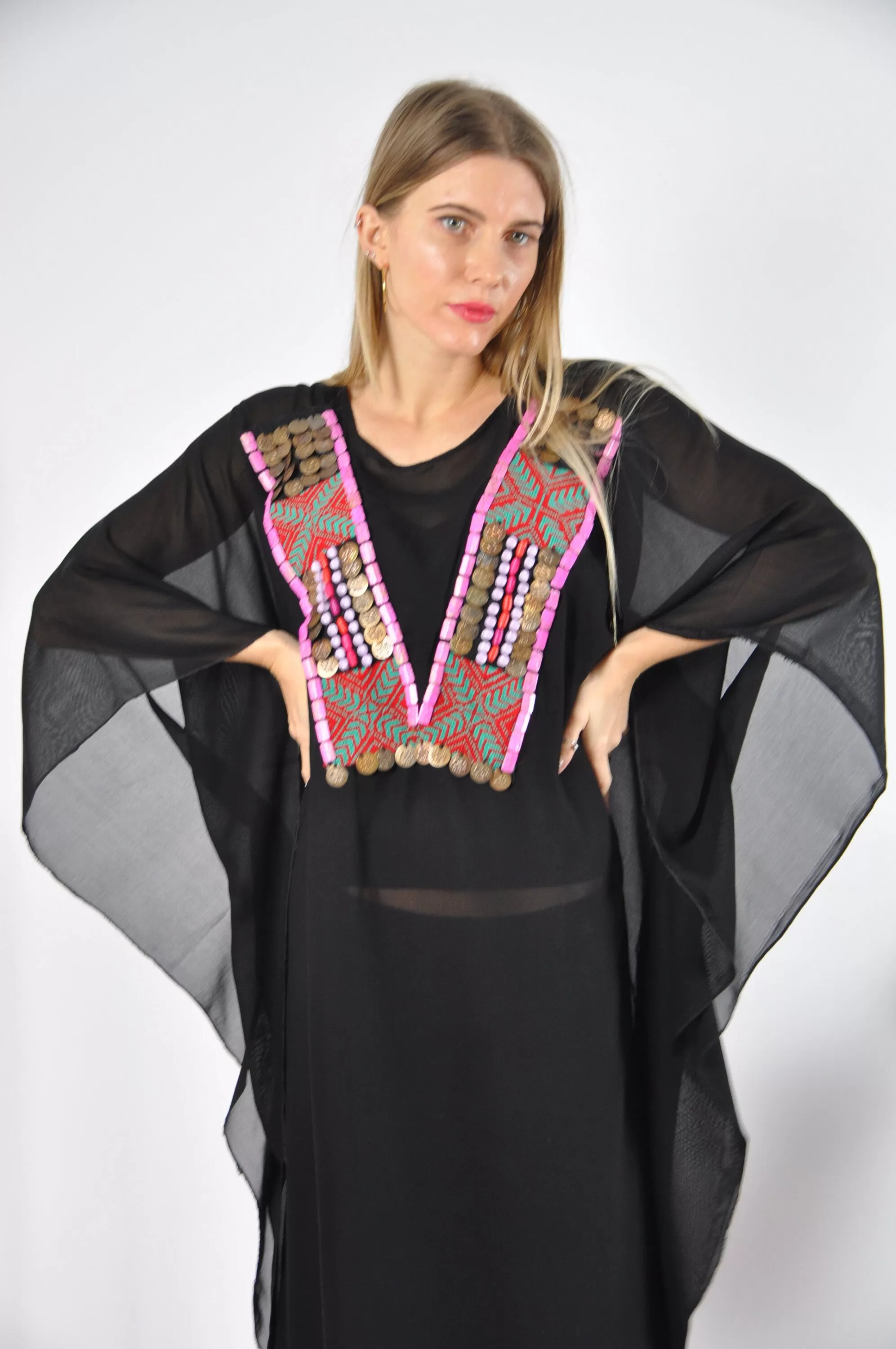 Hand embroidered Chiffon caftan, black vintage embroidered caftan, chic caftan, Summer Kaftan, Caftans for women, cotton caftan