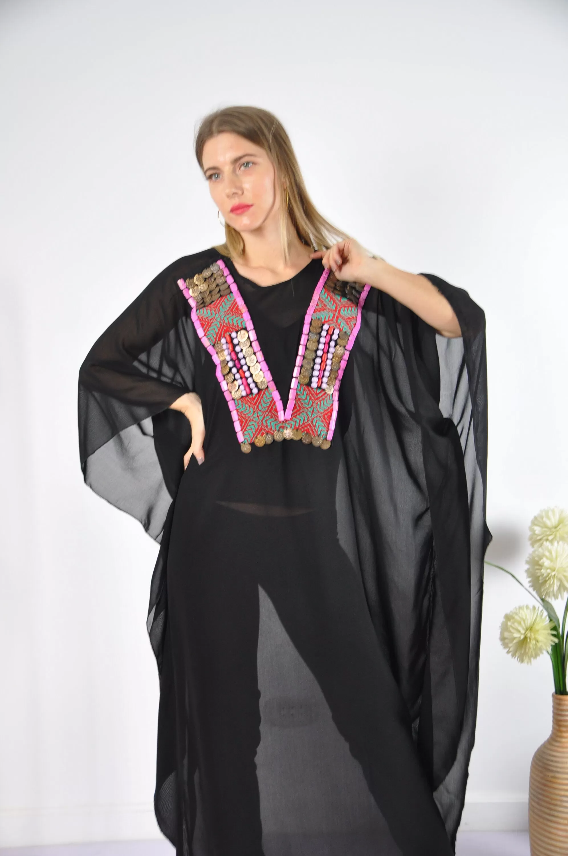 Hand embroidered Chiffon caftan, black vintage embroidered caftan, chic caftan, Summer Kaftan, Caftans for women, cotton caftan