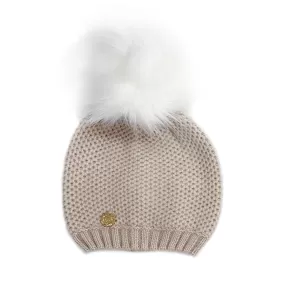 Honeycomb Beige Cashmere Beanie with Faux Fur Pom