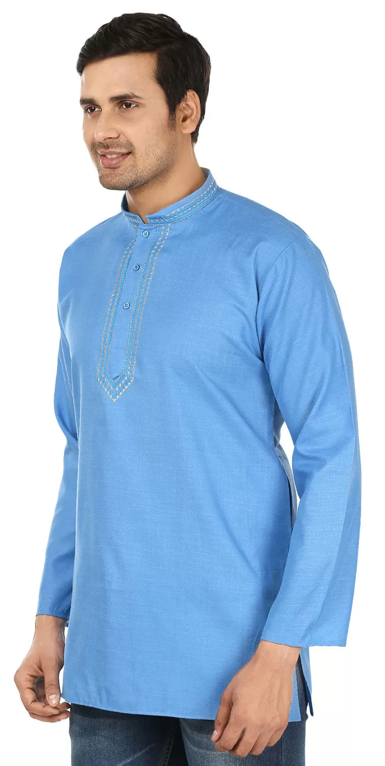 Indian Clothing Embroidered Cotton Short Kurta for Men (Blue)