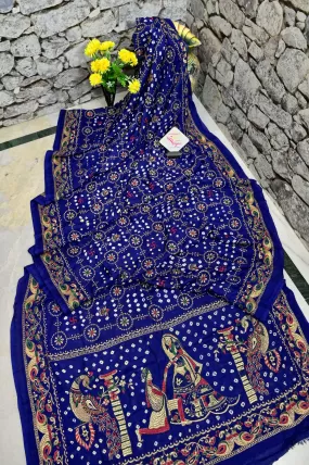 Indigo Blue Color Ghazi Silk Gharchola Saree with hand Bandhani Work