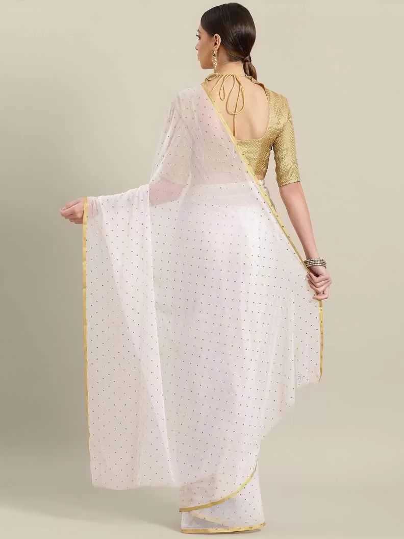 Ishin Poly Chiffon White Foil Printed Women's Saree