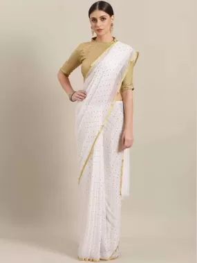 Ishin Poly Chiffon White Foil Printed Women's Saree