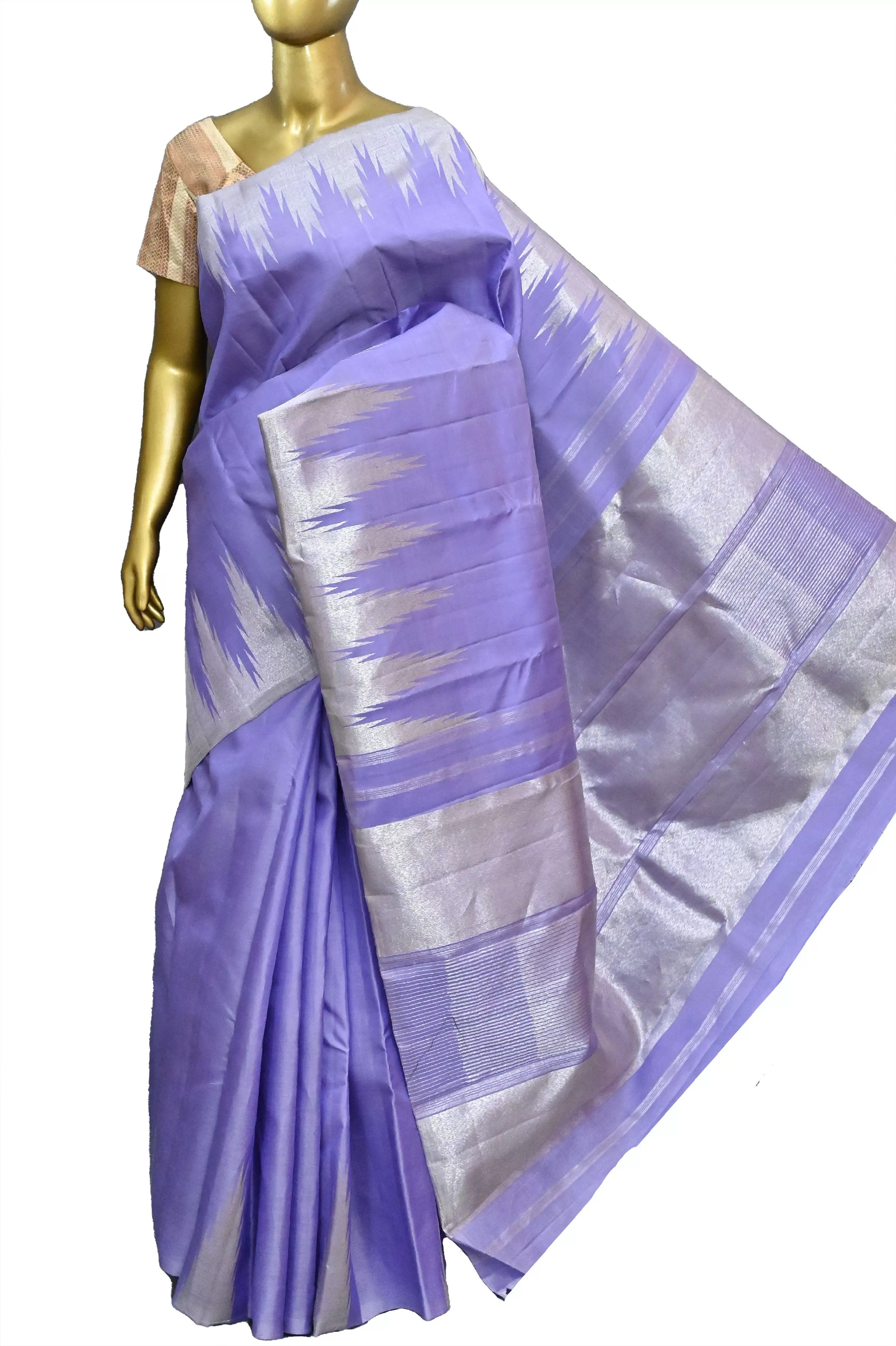 Lavender Pure Kanjeevaram Silk Saree with Silver Zari Work and Temple Border