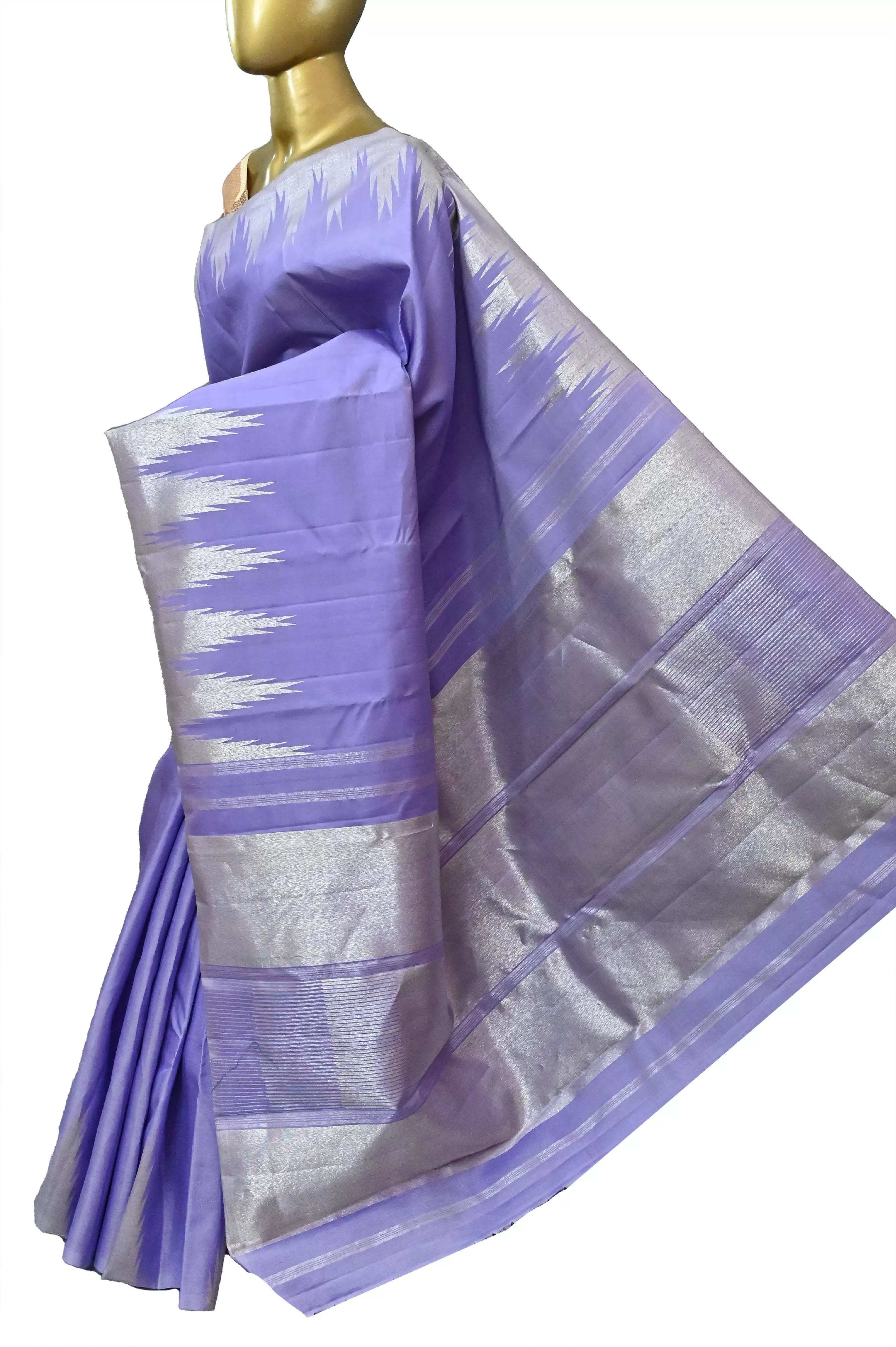 Lavender Pure Kanjeevaram Silk Saree with Silver Zari Work and Temple Border