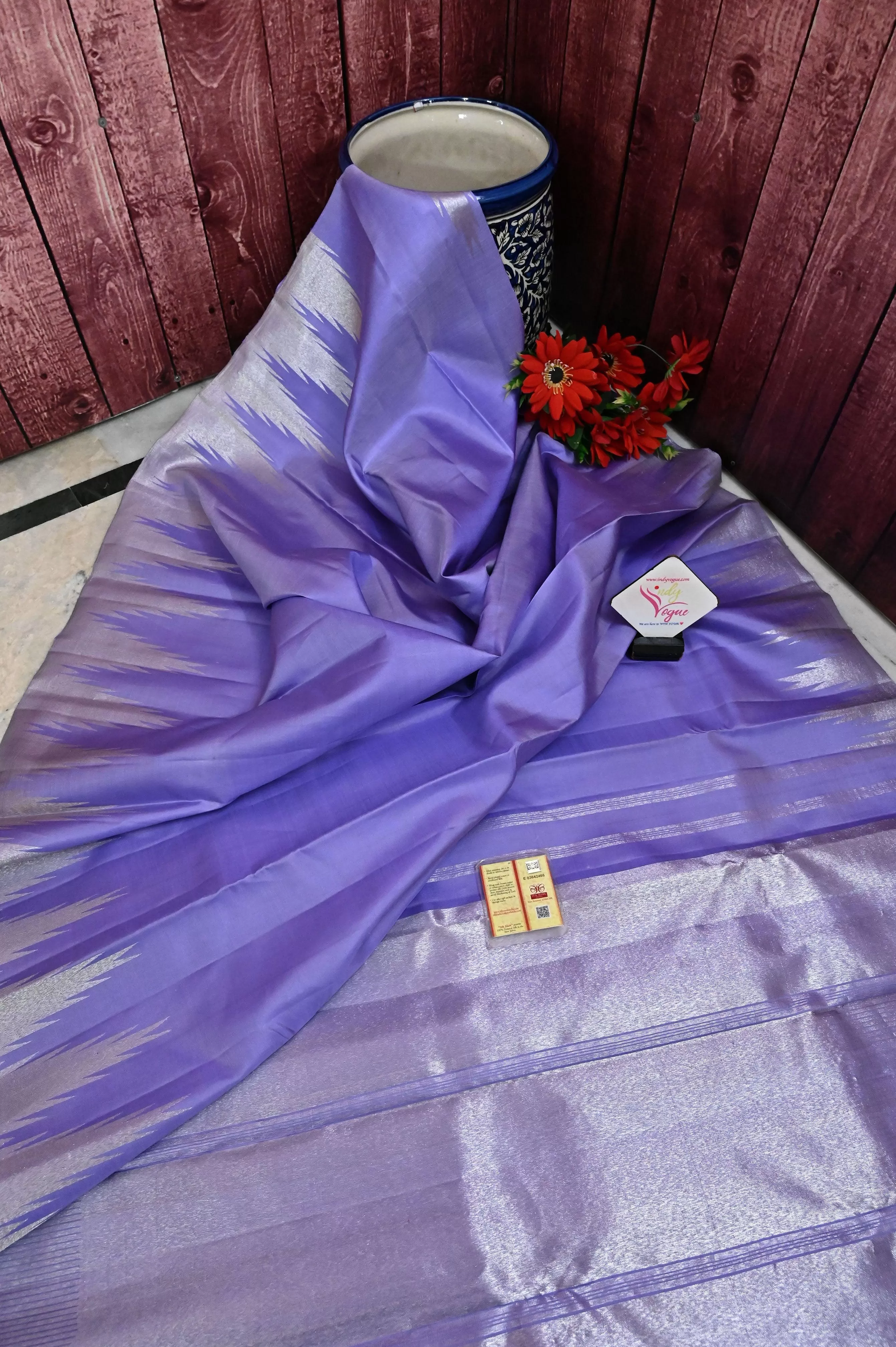 Lavender Pure Kanjeevaram Silk Saree with Silver Zari Work and Temple Border