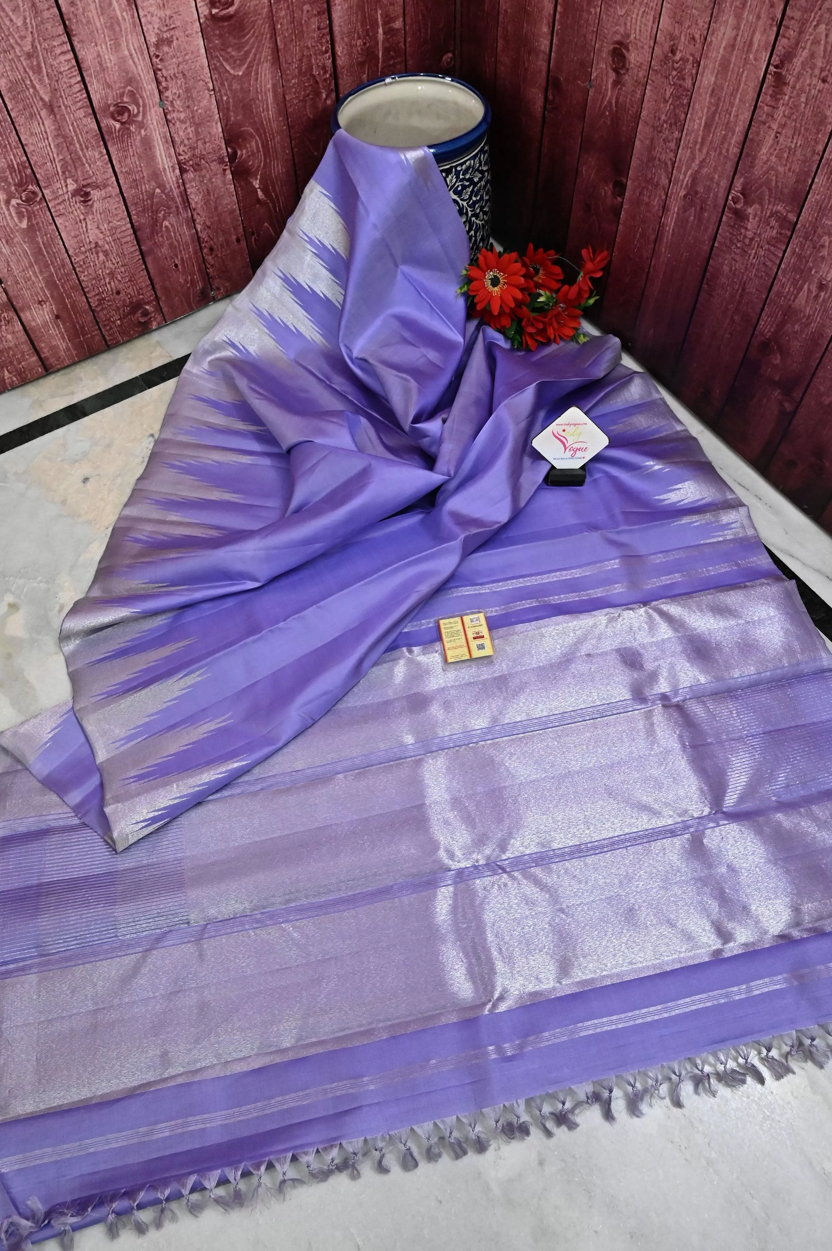 Lavender Pure Kanjeevaram Silk Saree with Silver Zari Work and Temple Border