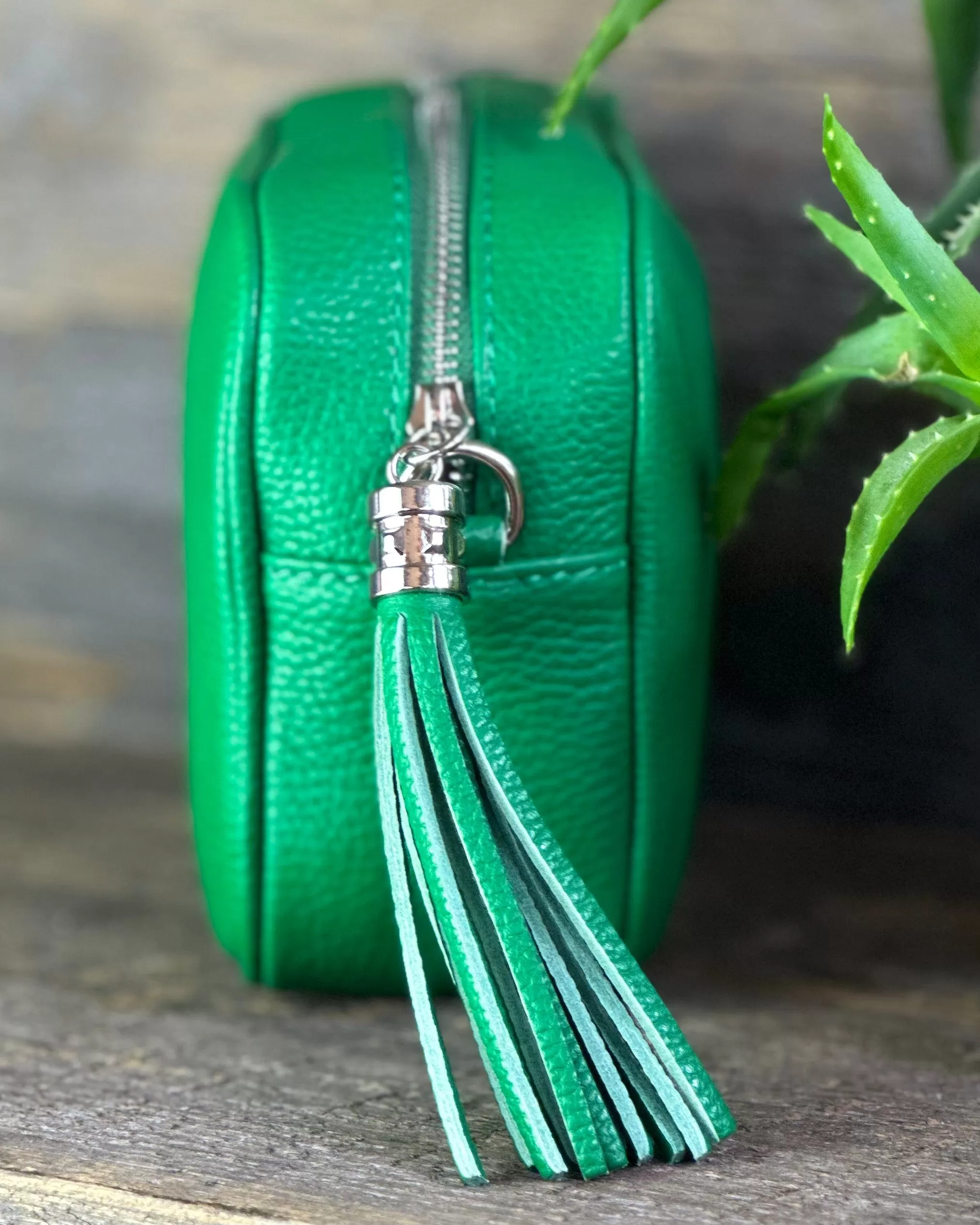 Leather Tassel Bag - Emerald Green With Silver Finishings