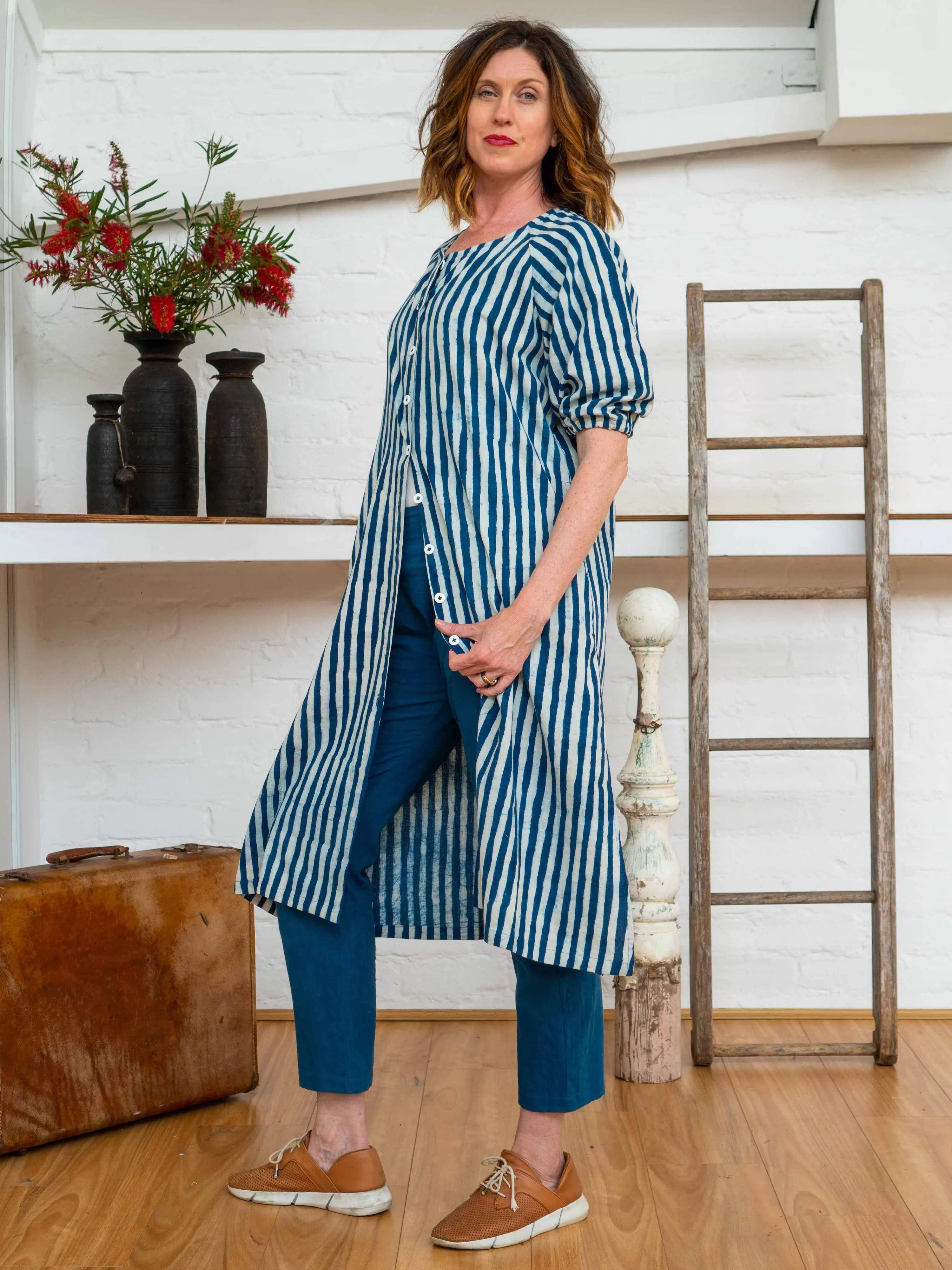 Long Button Tie Dress - Indigo Stripes