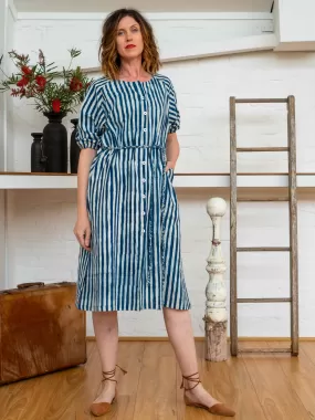 Long Button Tie Dress - Indigo Stripes