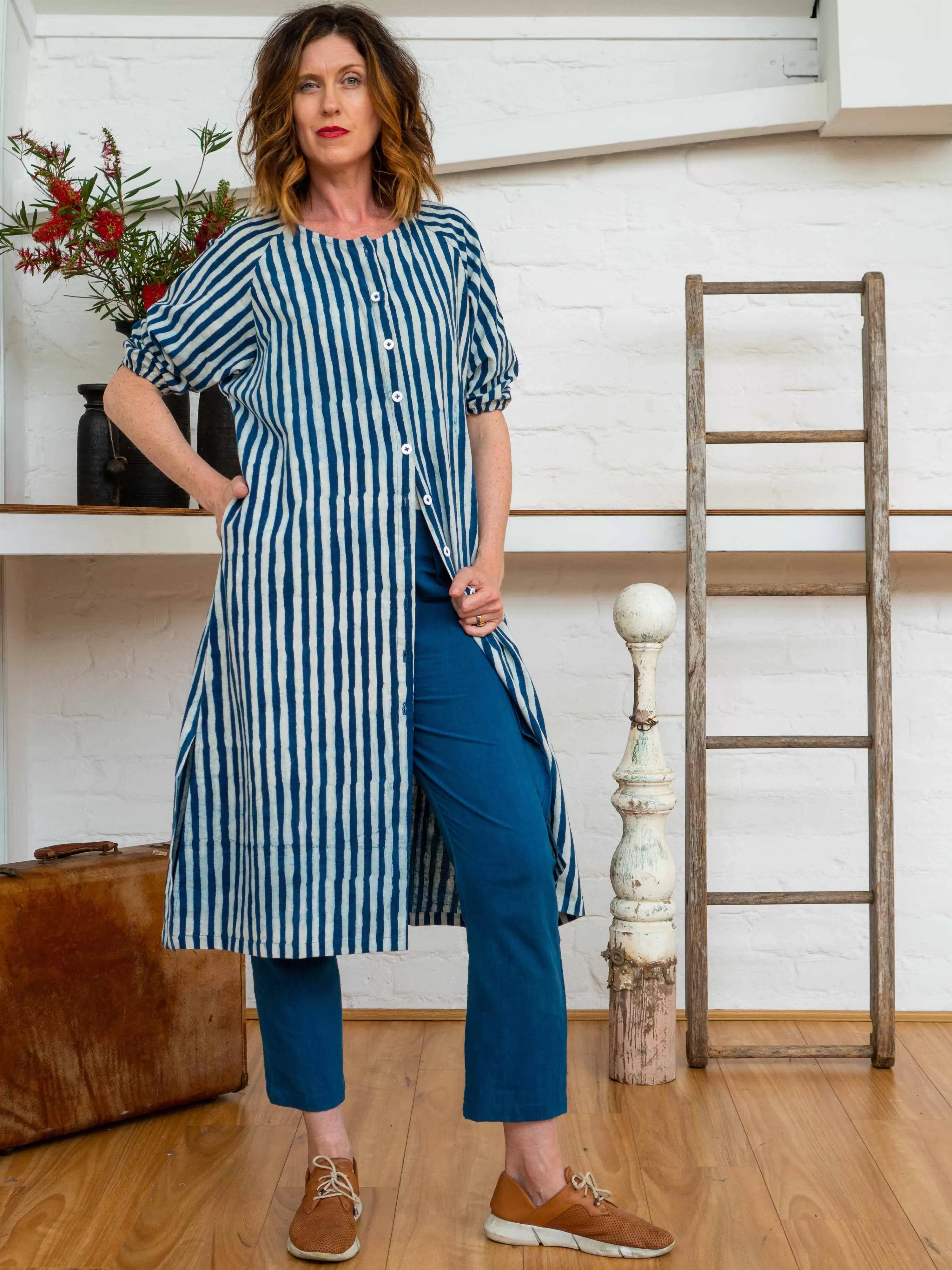 Long Button Tie Dress - Indigo Stripes