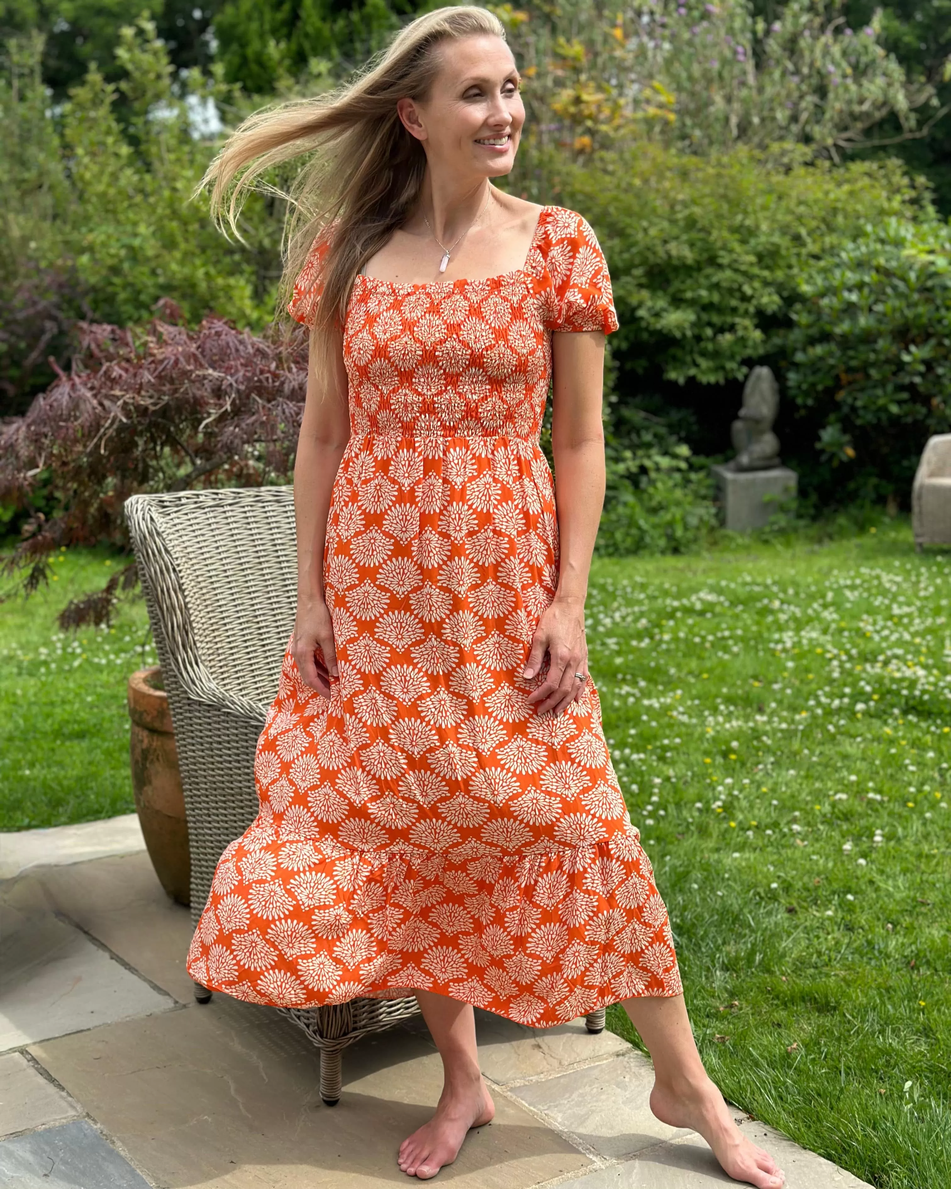 Long Ruched Bodice Print Dress - Orange