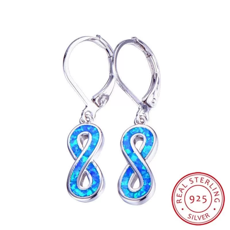 Love Infinity Blue/White Fire Opal Drop Earrings - S925 Sterling Silver