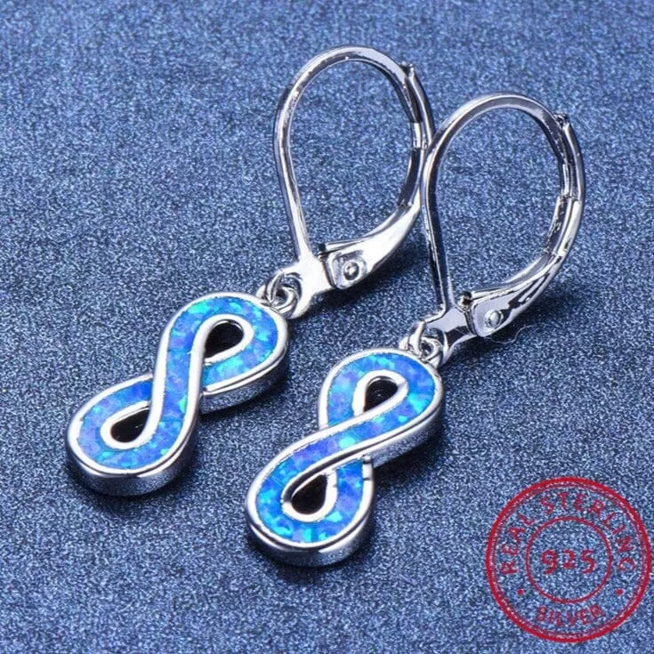 Love Infinity Blue/White Fire Opal Drop Earrings - S925 Sterling Silver