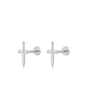 Luv Aj Dagger Flat Back Stud Earrings in Polished Rhodium Plated