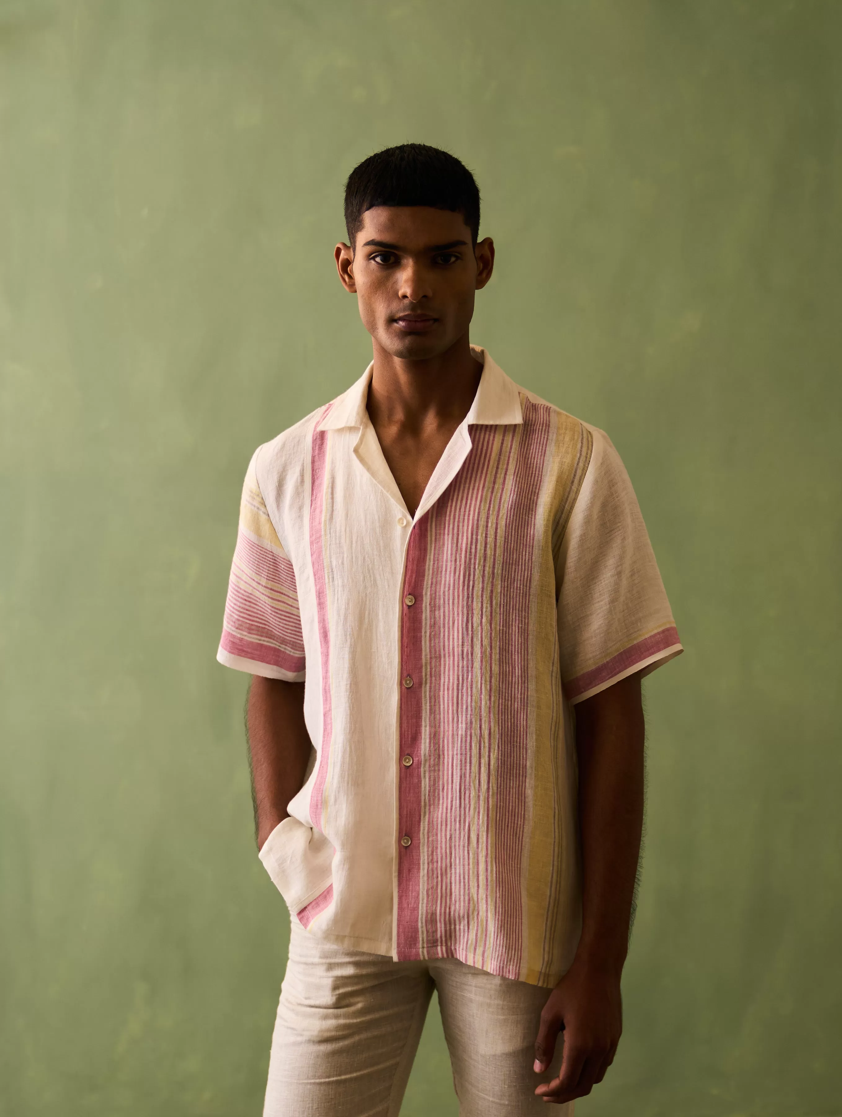 Mako Border Linen Shirt - Ivory