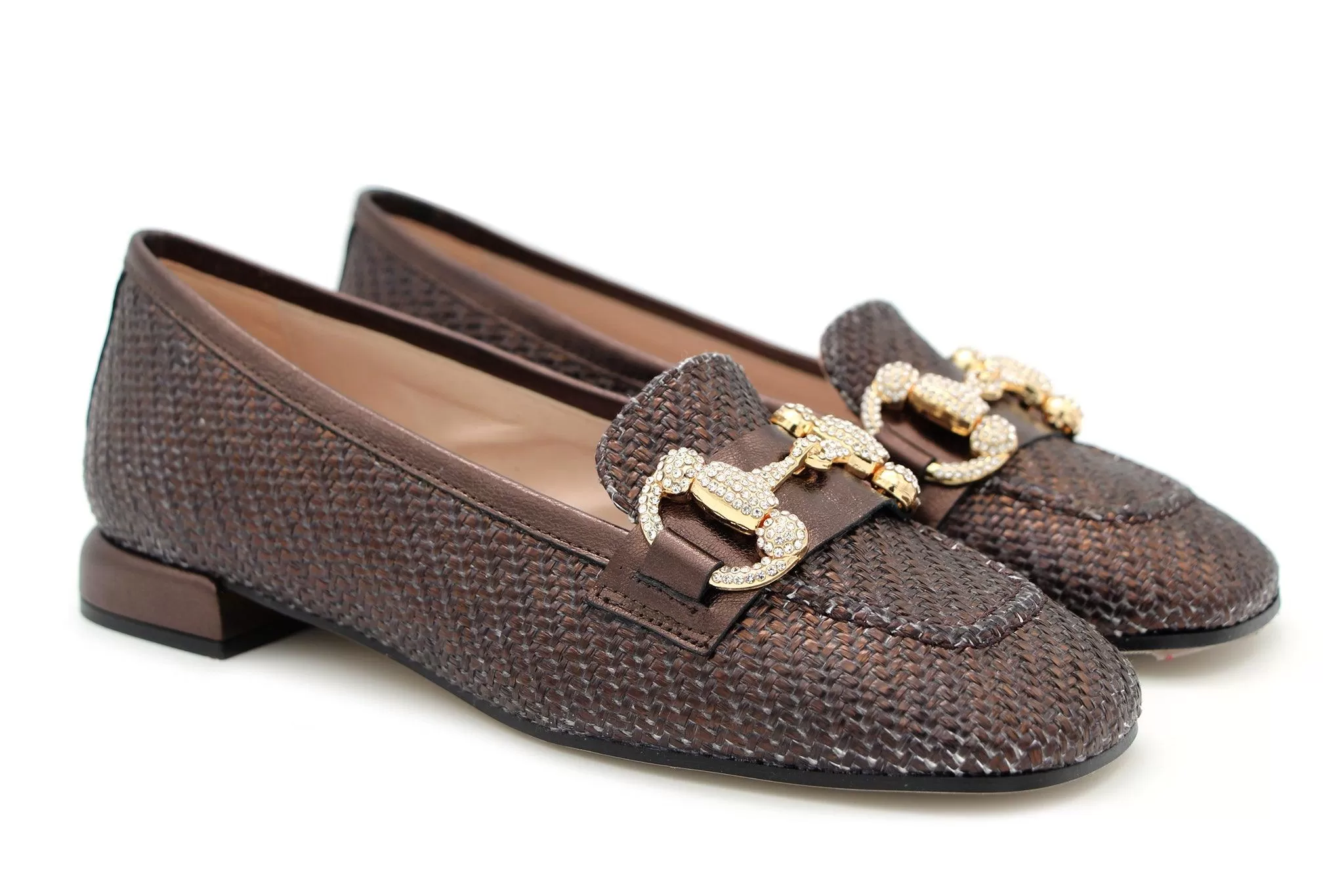 Marian Bronze Woven leather loafer with Embellished Buckle