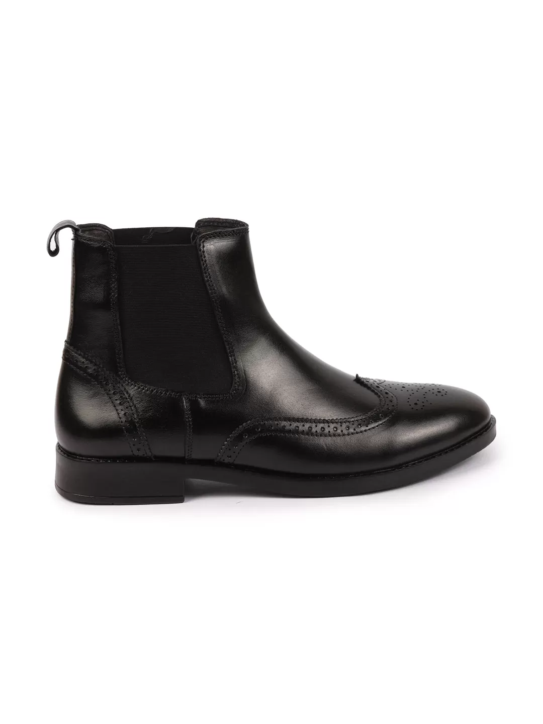 Men Black Genuine Leather Brogue High Ankle Slip On Chelsea Boots|Tuxedo Shoes