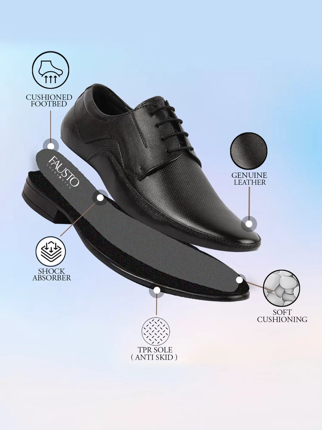 Men Black Genuine Leather Textured Formal Lace Up Derby Shoes For Office|Work