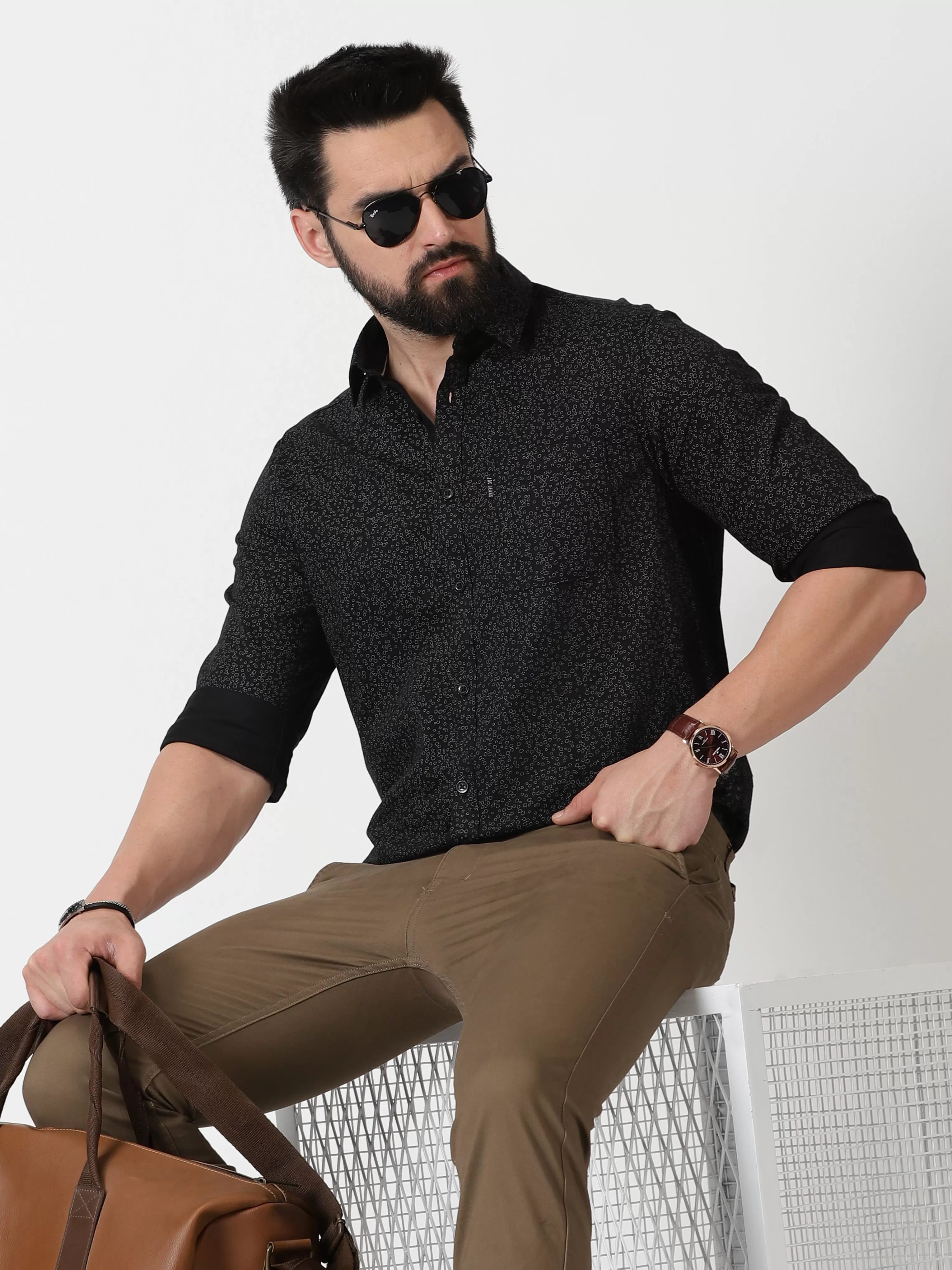 MEN'S BLACK PRINT SLIM FIT SHIRT