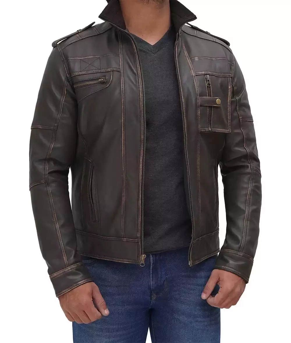 Mens Distressed Brown Cafe Racer Leather Jacket